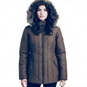 Women’s d.e.t.a.i.l.s Quilted Jacket with Zip-Off Faux Fur Hood – Brown Large